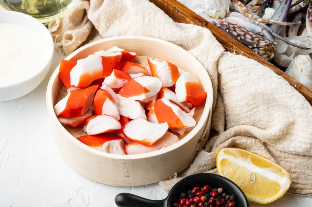 Bol de morceaux de surimi avec un quartier de citron sur un plan de cuisine