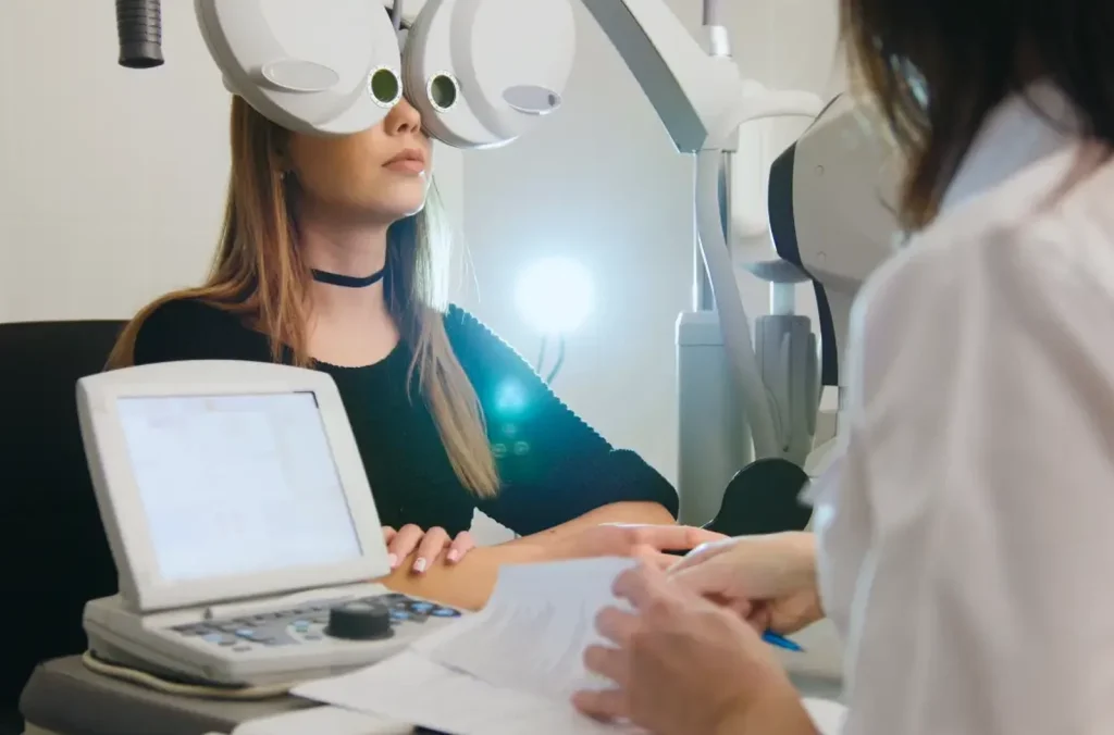 Patiente faisant un examen de la vision avec un appareil de test de correction en cabinet