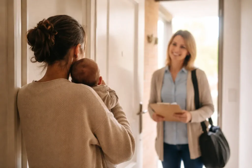Parent avec bébé à la porte lors d’une visite de la PMI à domicile