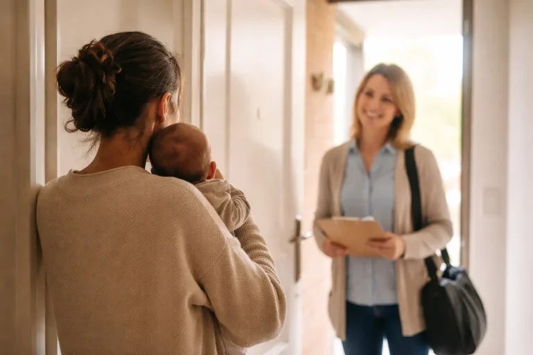 Parent avec bébé à la porte lors d’une visite de la PMI à domicile