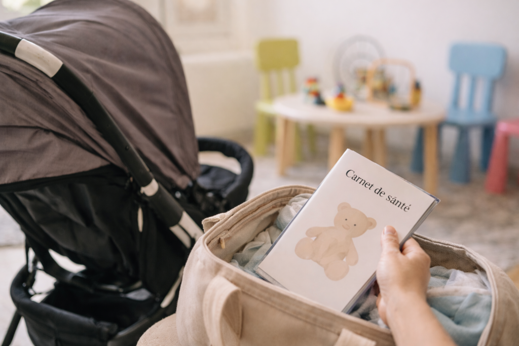Rendez-vous au centre PMI : carnet de santé et poussette en salle d’attente