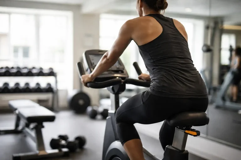 Personne faisant du cardio modéré sur vélo après une séance de musculation.