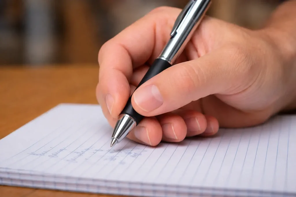 Main tenant un stylo et écrivant sur un cahier, avec une petite bosse sur le majeur