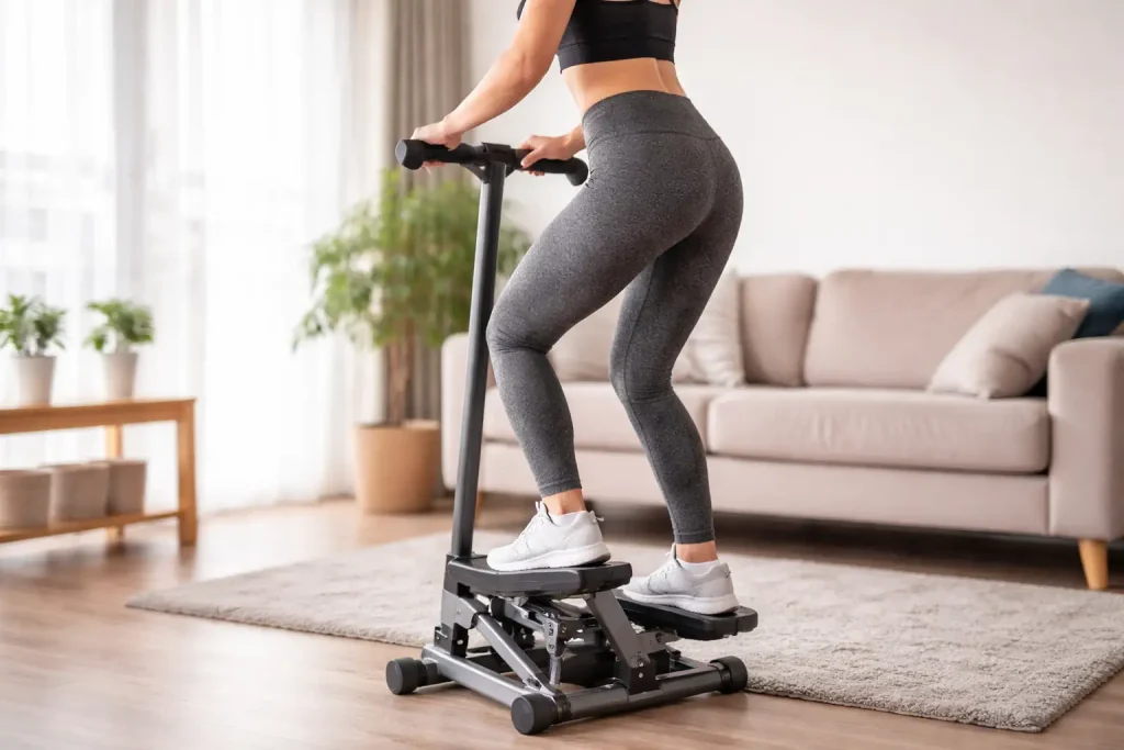 Personne sur un mini-stepper à la maison pendant une séance de cardio