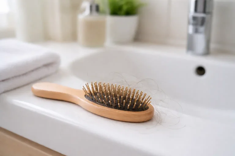 Brosse posée sur un lavabo avec quelques cheveux accrochés
