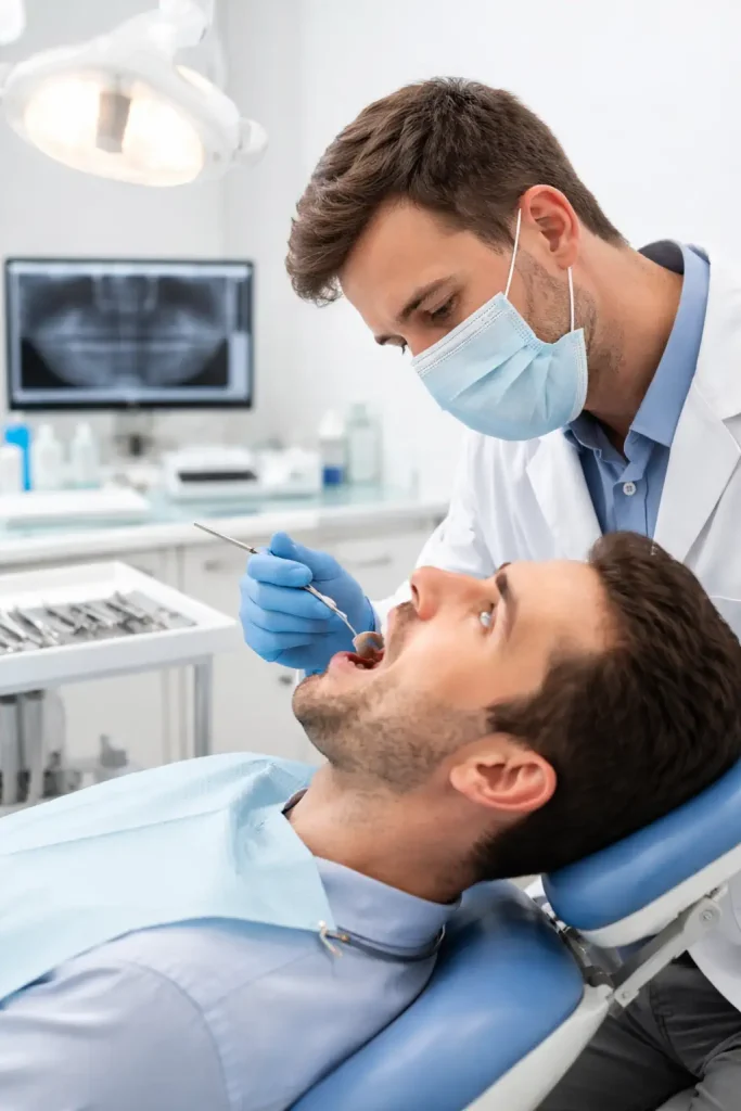Dentiste qui examine la bouche d’un patient sur fauteuil en cabinet dentaire