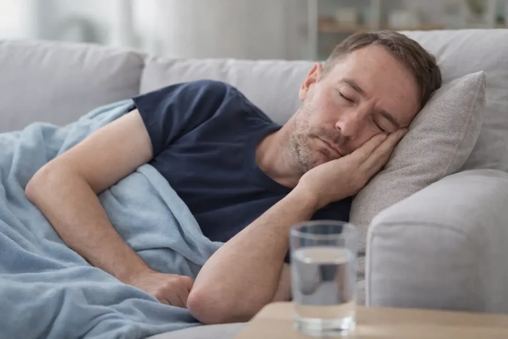 Personne fatiguée allongée au repos après une extraction dentaire, un verre d’eau à proximité
