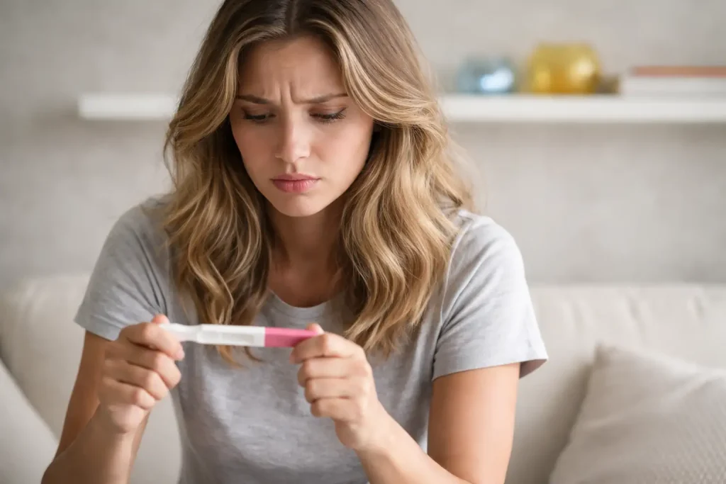 Femme assise dans un salon, tenant un test de grossesse et observant le résultat, expression inquiète, lumière naturelle douce