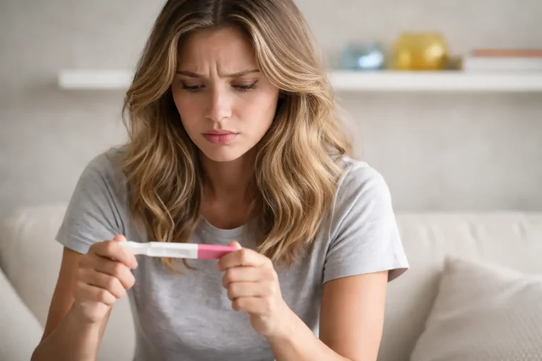 Femme assise dans un salon, tenant un test de grossesse et observant le résultat, expression inquiète, lumière naturelle douce
