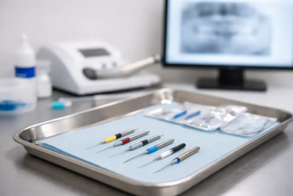 Instruments endodontiques (limes) sur un plateau en cabinet dentaire