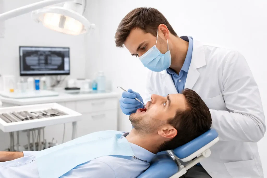 Patient sur fauteuil pendant un examen chez le dentiste en cabinet dentaire