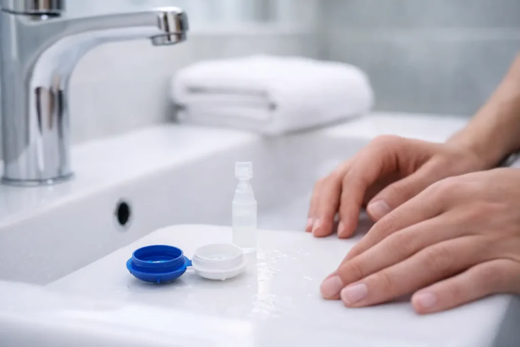 Étui de lentilles et sérum physiologique près d’un lavabo, après rinçage de l’œil.