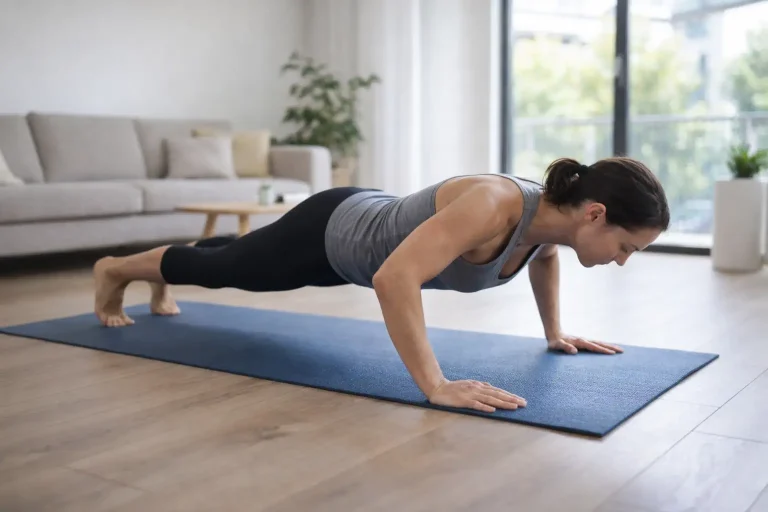 Femme faisant une pompe classique sur un tapis dans un salon lumineux, mains à largeur des épaules.