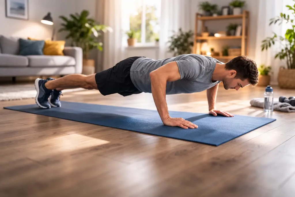Homme faisant une pompe classique sur un tapis dans un salon lumineux, corps aligné.