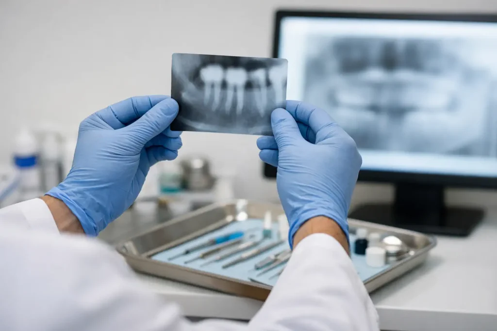 Dentiste montrant une radiographie dentaire lors d’un traitement de canal en cabinet