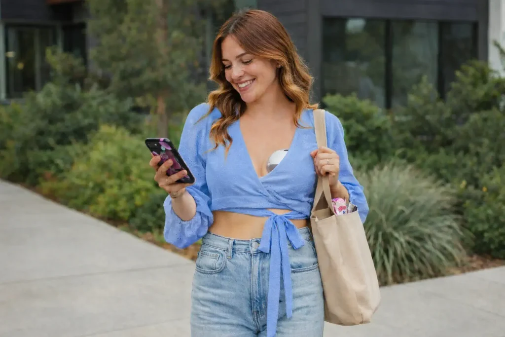 Personne marchant en extérieur et regardant son téléphone, tire-lait mains libres visible sous le haut, lumière naturelle