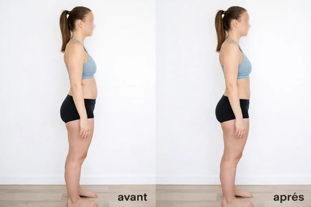 Comparaison avant/après d’un mois d’entraînement, même posture et tenue.
