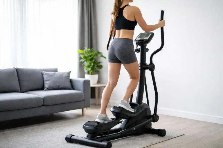 Alt : Personne faisant du vélo elliptique à la maison, pédales et poignées visibles.