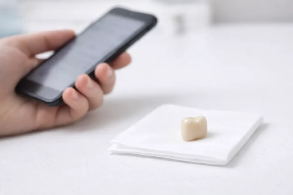 Main tenant un téléphone près d’une couronne dentaire posée sur un mouchoir
