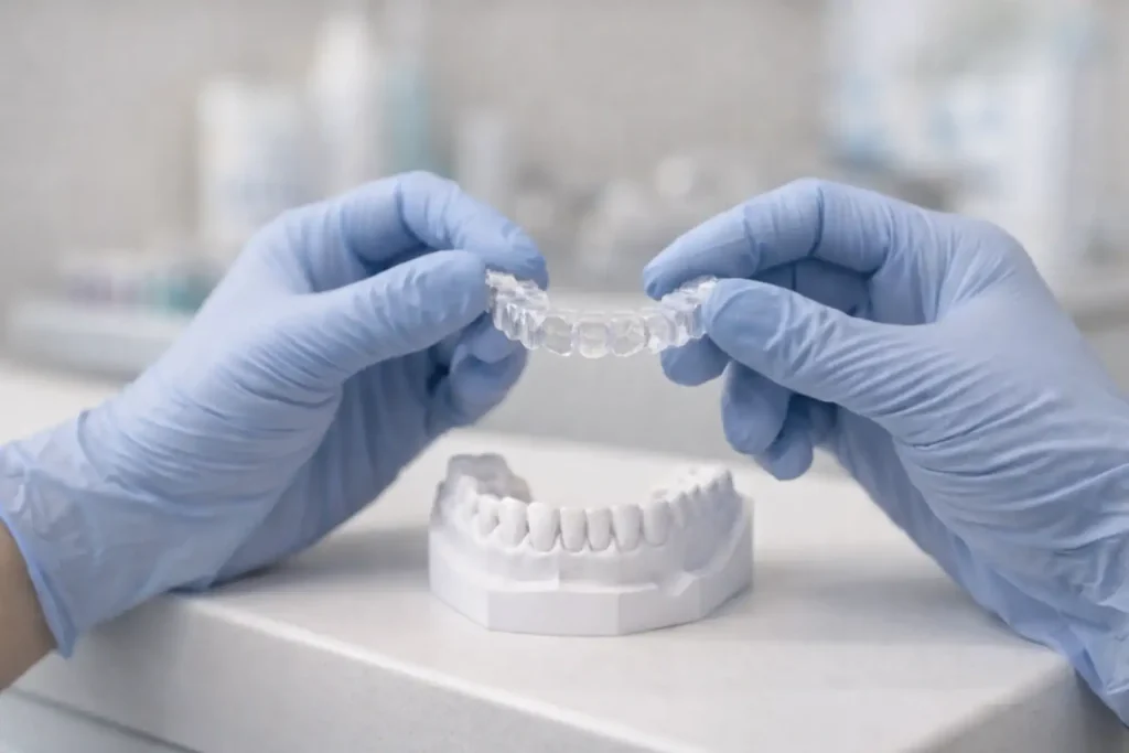 Mains gantées tenant une gouttière transparente au-dessus d’un modèle dentaire