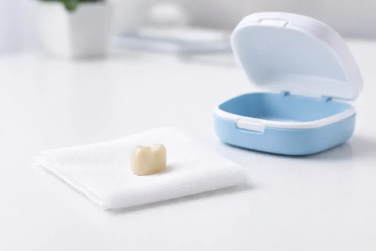 Couronne dentaire en céramique posée sur une compresse avec une boîte à prothèse