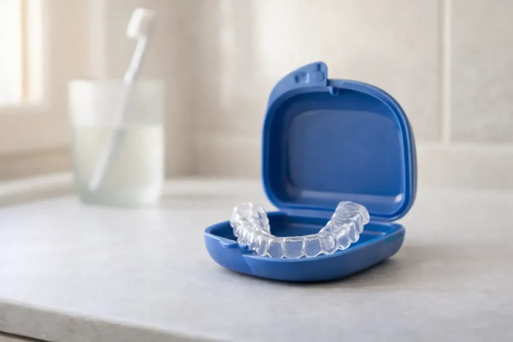 Gouttière dentaire transparente dans un étui ouvert sur un plan de toilette