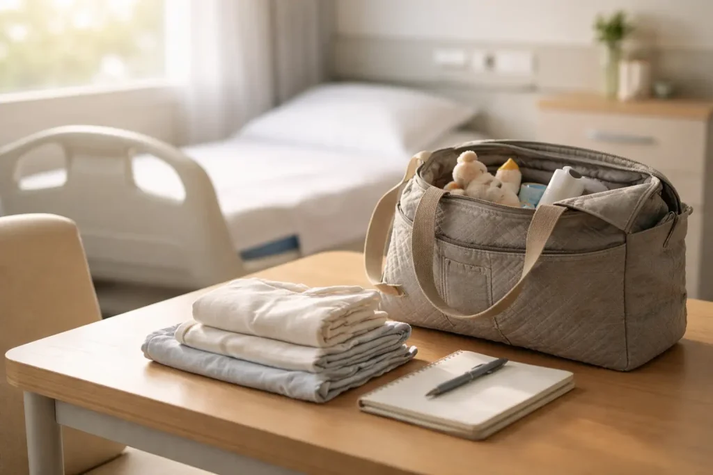 Sac de maternité et affaires de bébé dans une chambre d’hôpital