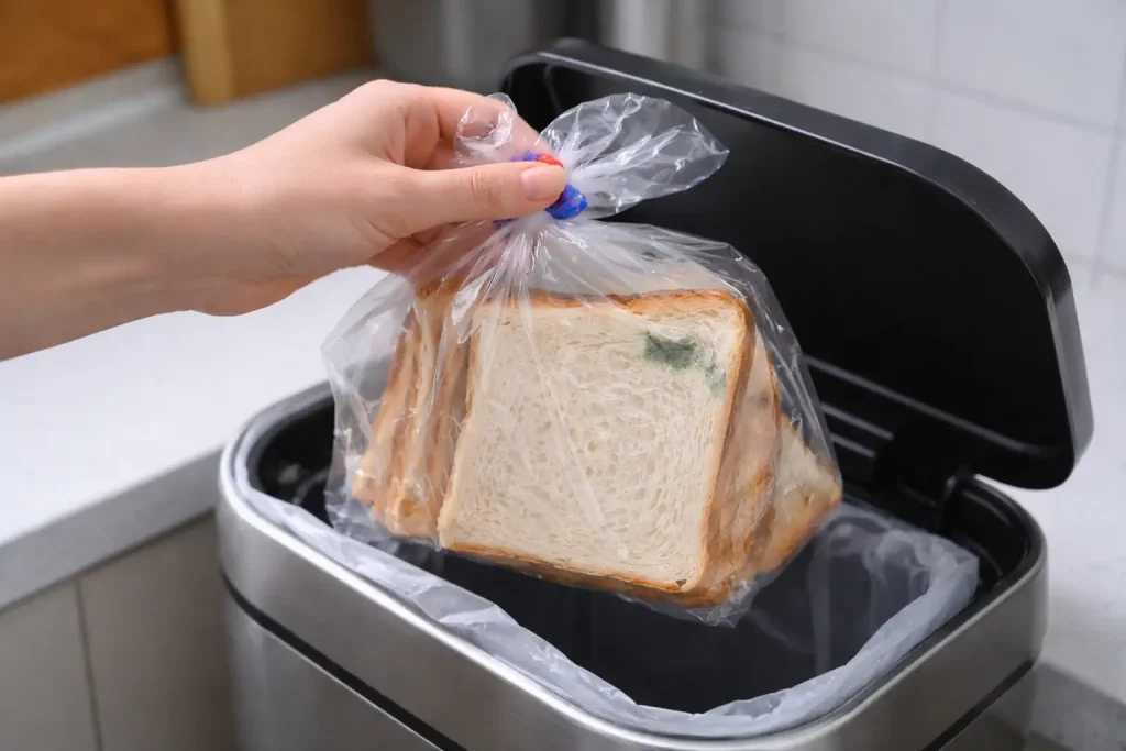 Main tenant un sachet de pain au-dessus d’une poubelle, avec une tranche montrant une petite tache de moisissure