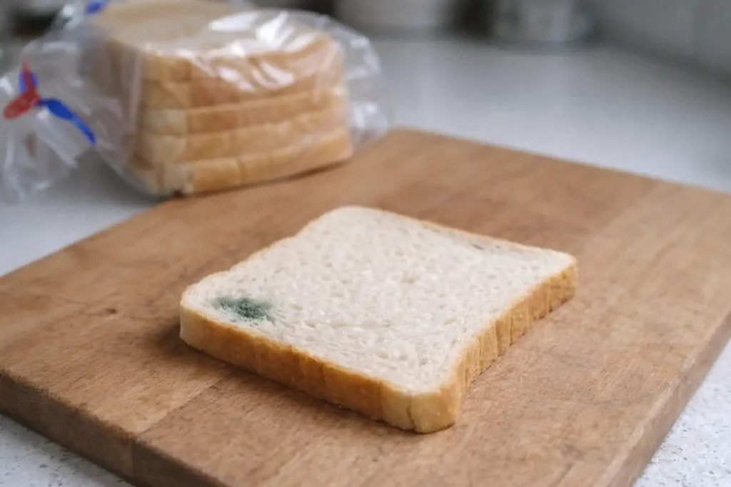 Tranche de pain de mie avec une petite tache de moisissure sur une planche en bois