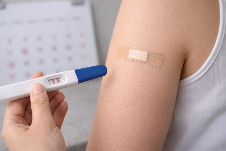 Main tenant un test de grossesse positif près d’un bras avec pansement d’implant contraceptif