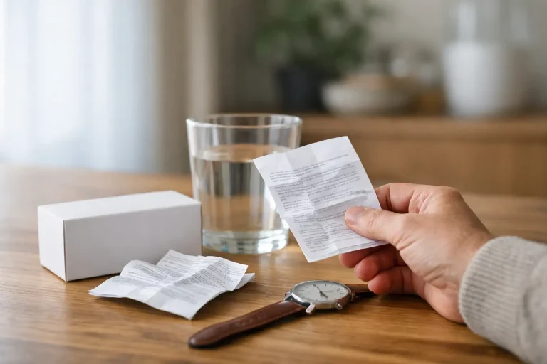 Main regardant une boîte d’anti-inflammatoire et une montre après la prise