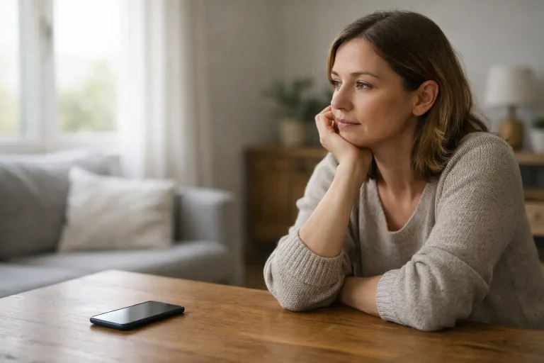 Personne assise devant son téléphone après une rupture