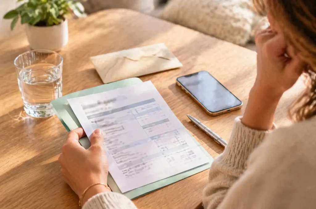 Main tenant un dossier neutre sur une table, attente après transfert d’embryon