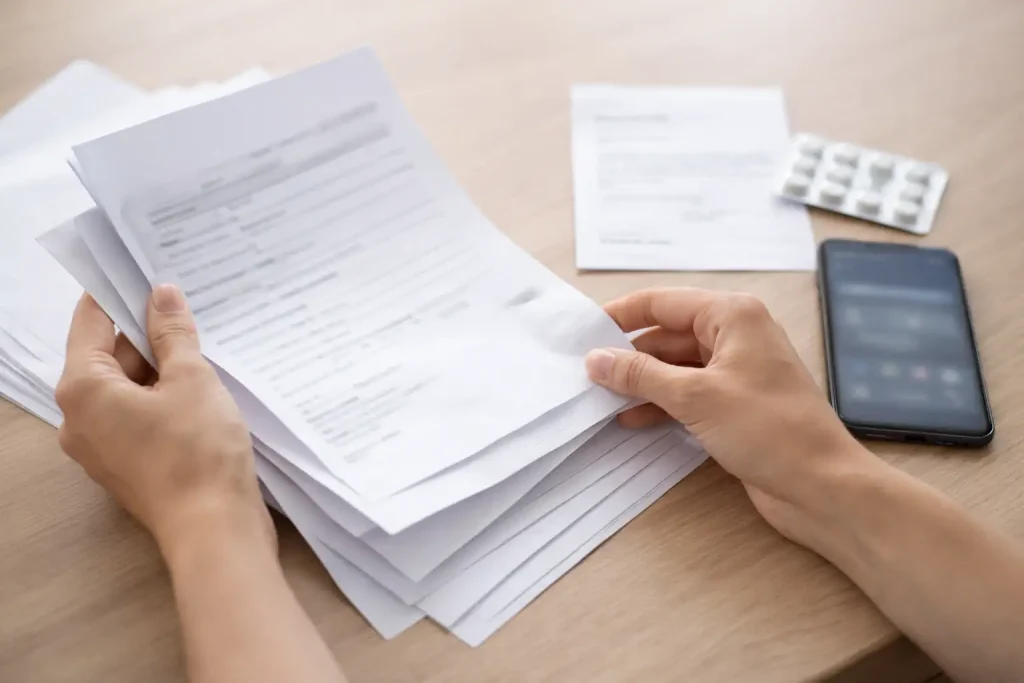 Mains triant des documents médicaux et une ordonnance après une opération, téléphone à côté