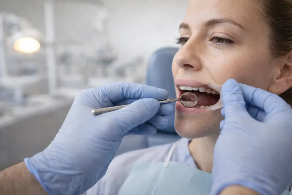 Patient en cabinet dentaire lors d’un contrôle de fil de contention