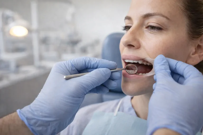 Patient en cabinet dentaire lors d’un contrôle de fil de contention