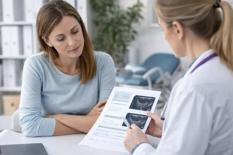 Patiente en consultation gynécologique discutant d’un compte-rendu après conisation