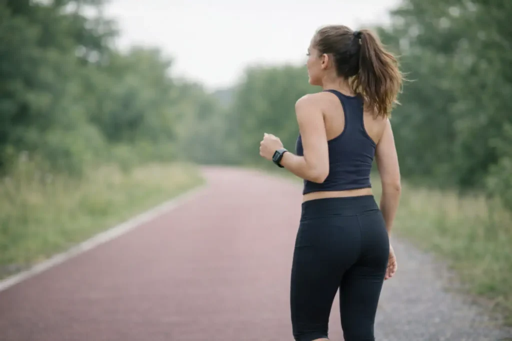 Débutant alternant marche et course à allure facile sur un chemin plat