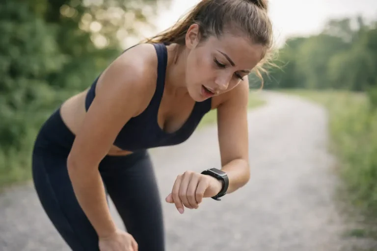 Débutant en course à pied essoufflé après quelques minutes, regardant sa montre