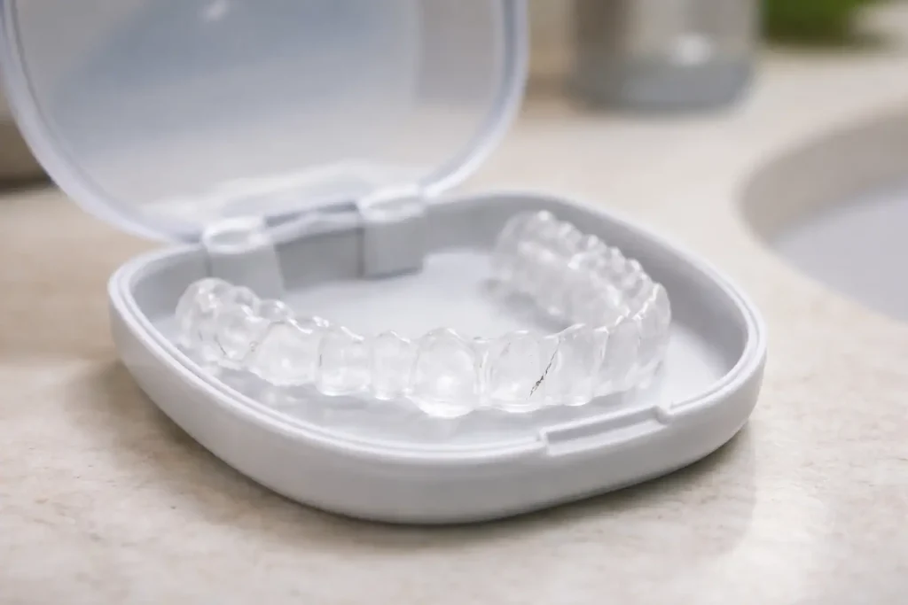 Gouttière dentaire cassée avec fissure, posée dans un étui ouvert