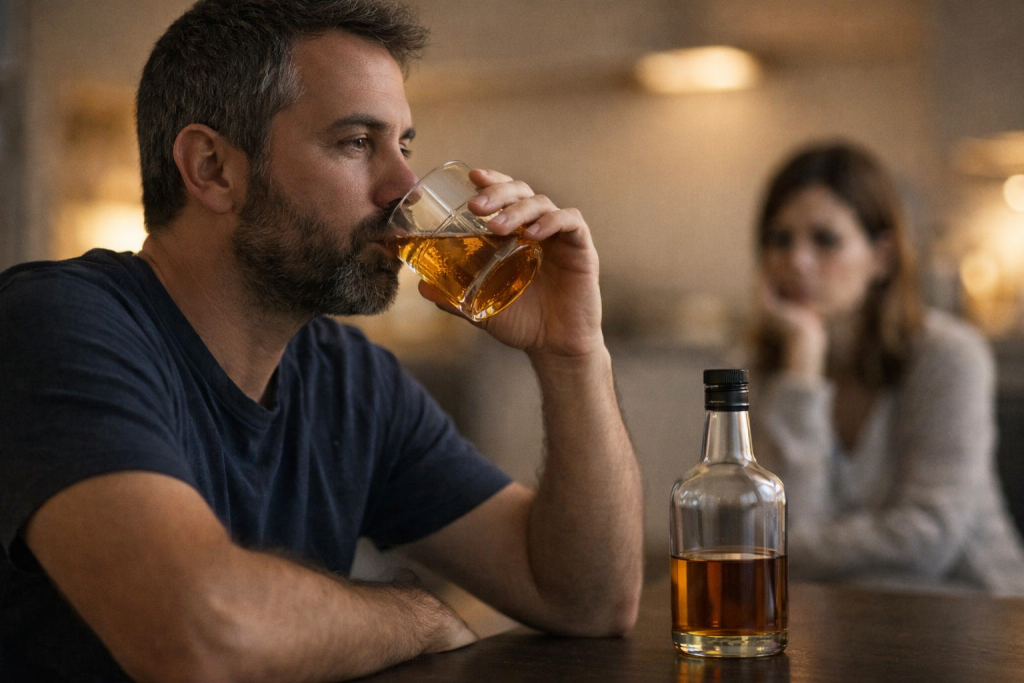 Femme préoccupée chez elle devant un verre de whisky et une bouteille sans étiquette