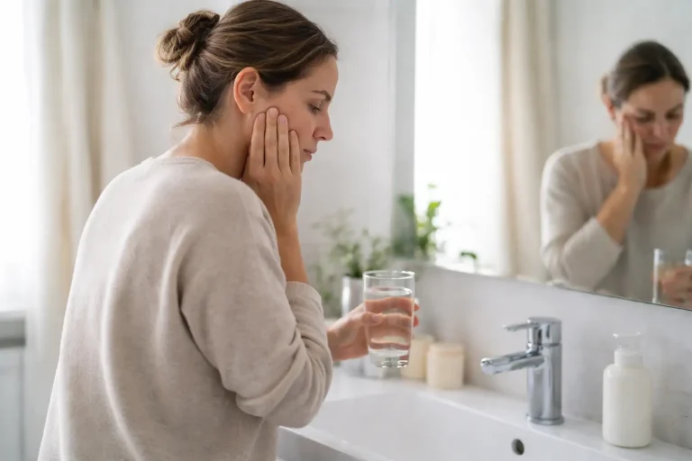 Personne gênée en salle de bain après une extraction dentaire de dent de sagesse
