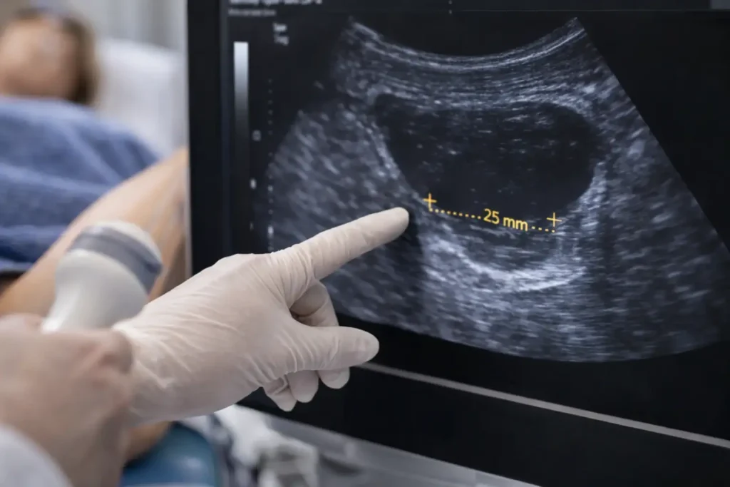 Main gantée pointant une échographie avec mesure de la longueur du col pendant la grossesse