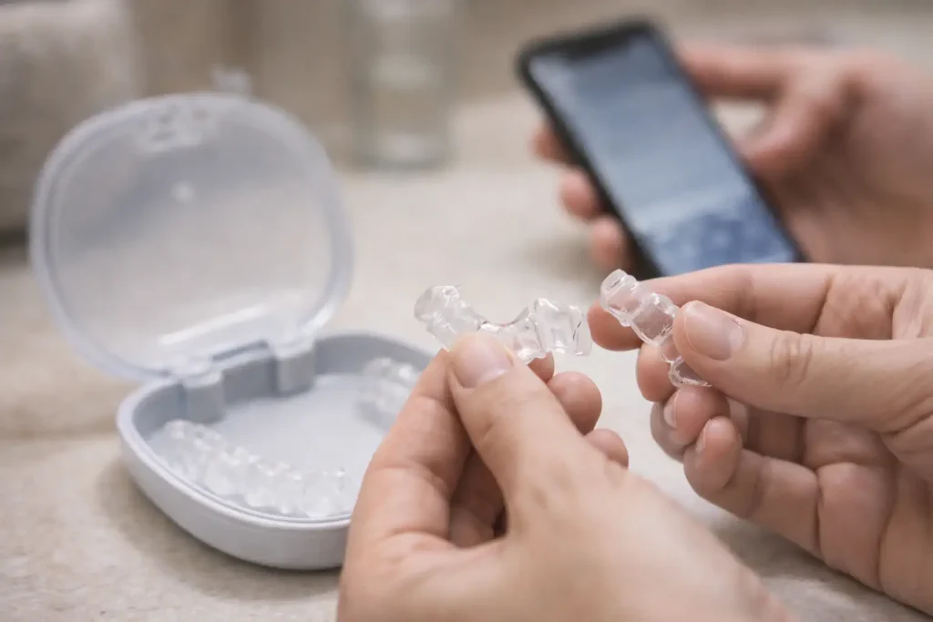 Morceaux de gouttière dentaire cassée au-dessus d’un étui ouvert