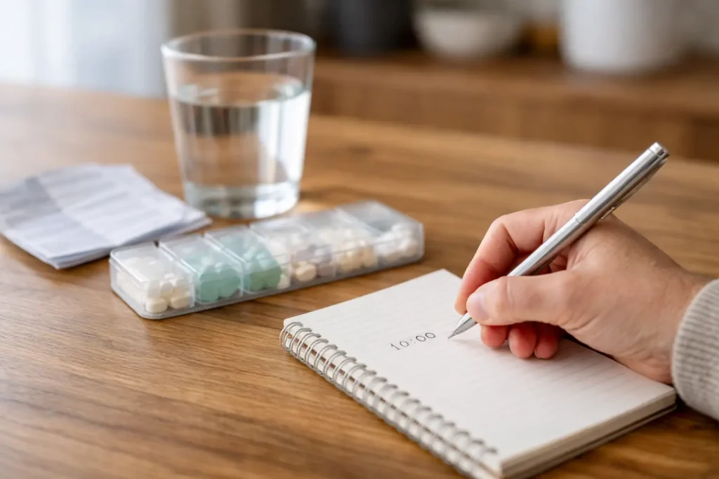 Main notant l’heure de la dernière prise d’un anti-inflammatoire sur un carnet