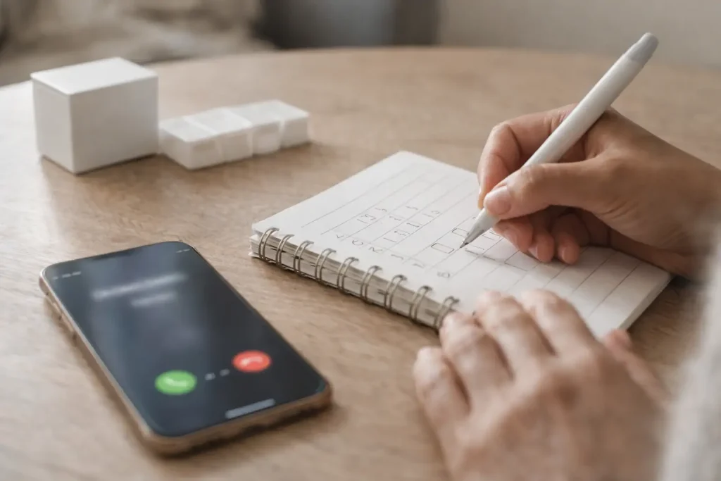 Main notant des repères sur un carnet près d’un téléphone, attente post transfert
