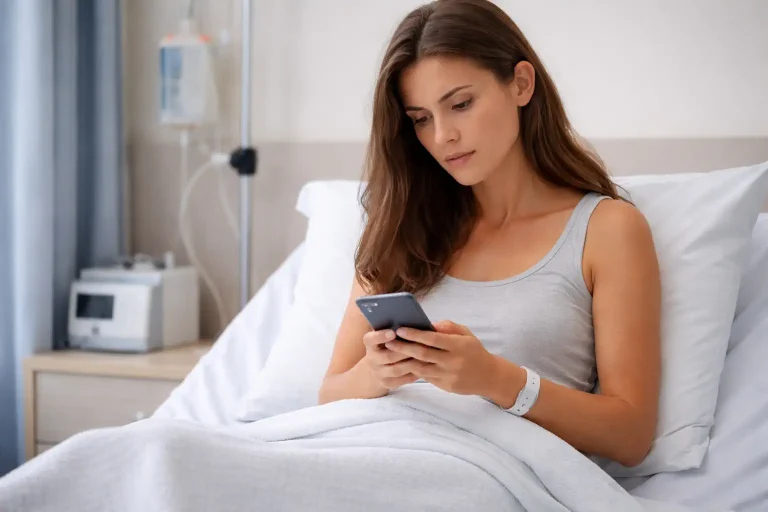 Patiente en chambre d’hôpital après une opération, bracelet hospitalier visible, regard soucieux