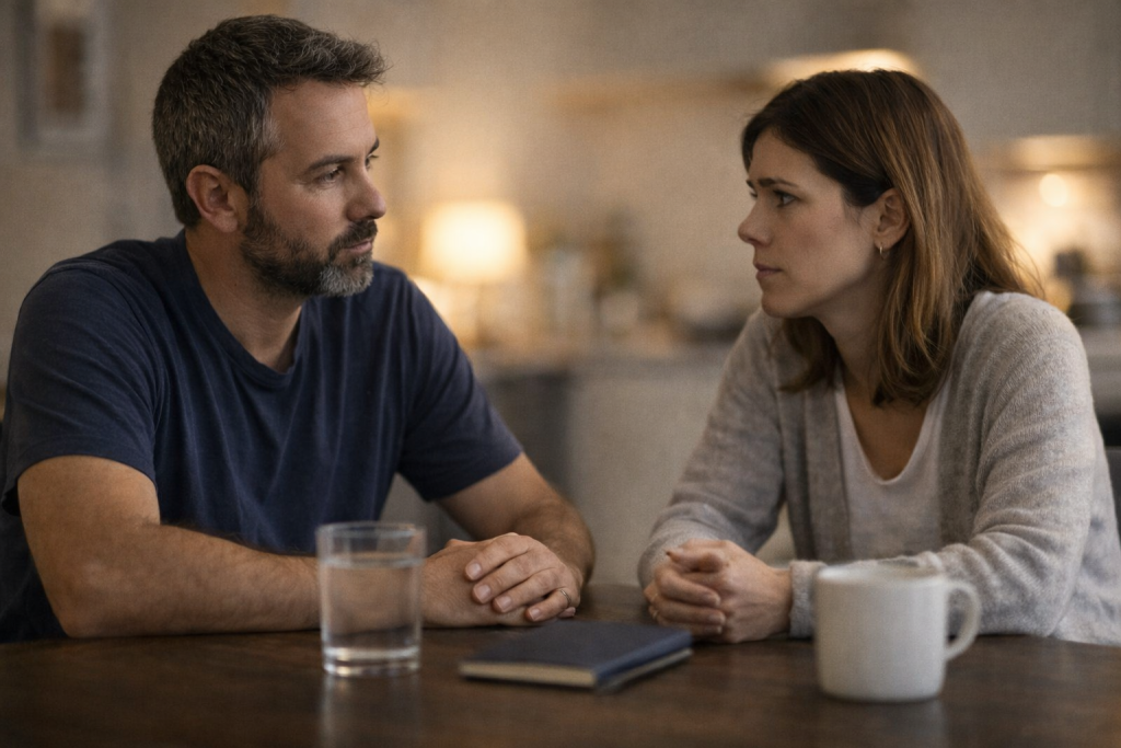 Couple discutant calmement à table d’une consommation d’alcool devenue préoccupante