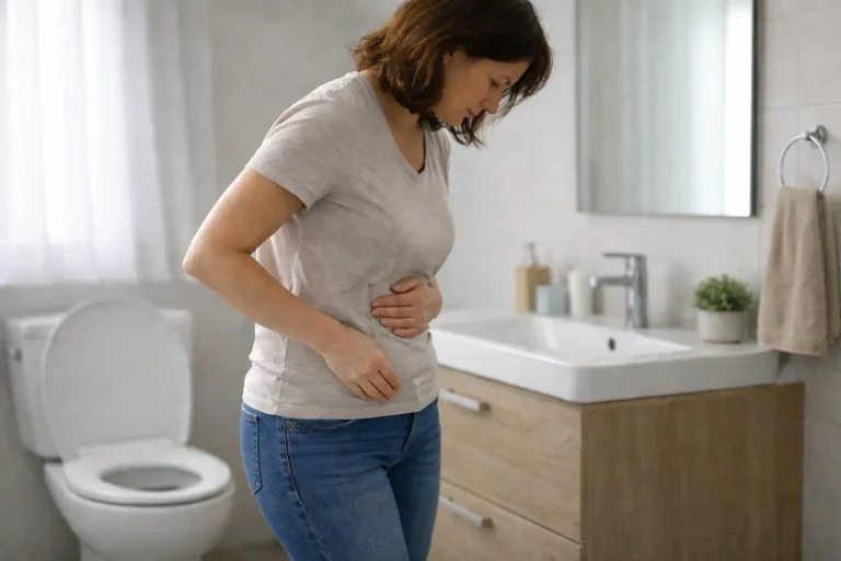 Personne préoccupée dans une salle de bain après avoir remarqué un point noir dans les selles