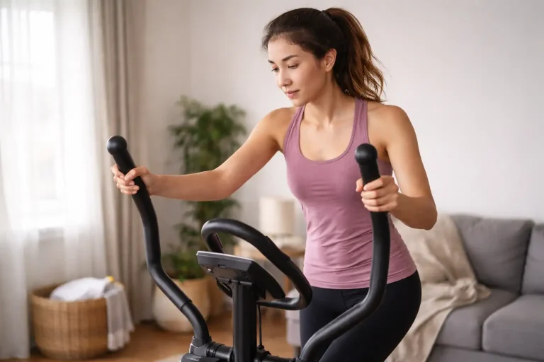 Personne faisant une séance de vélo elliptique à la maison pour la perte de poids
